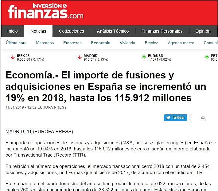 El importe de fusiones y adquisiciones en Espaa se increment un 19% en 2018, hasta los 115.912 millones